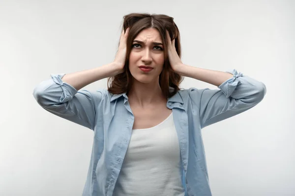 Estrés Salud Mental Hermosa Mujer Joven Con Pelo Largo Castaño — Foto de Stock