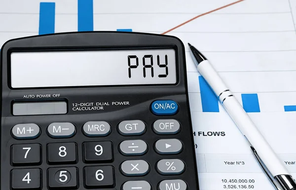 Калькулятор Словом Pay Дисплее Концепция Денег Финансов Бизнеса — стоковое фото