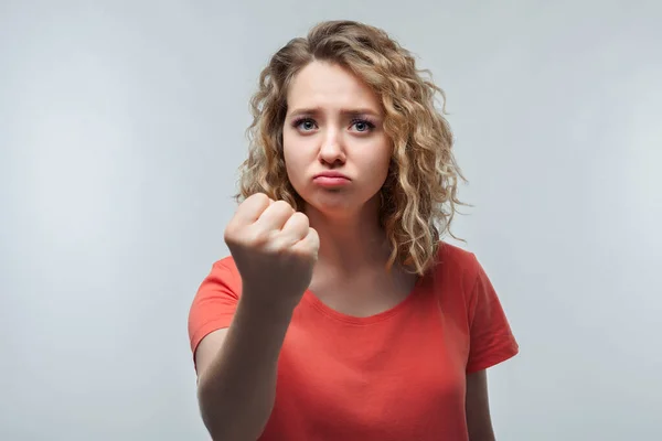 Angry Mad Blonde Girl Curly Hair Casual Shirt Raising Hand — Stock Photo, Image