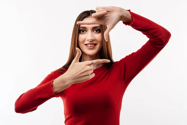 Photo Funny Woman Long Chestnut Hair Wearing Casual Red Sweater — Stock Photo, Image