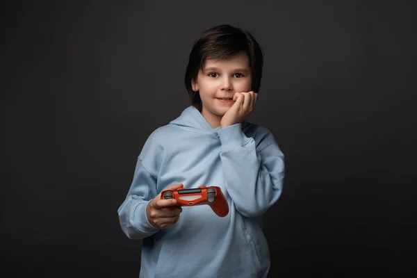 Portrait Cute Boy Years Old Dressed Casual Clothes Standing Joystick — Stock Photo, Image