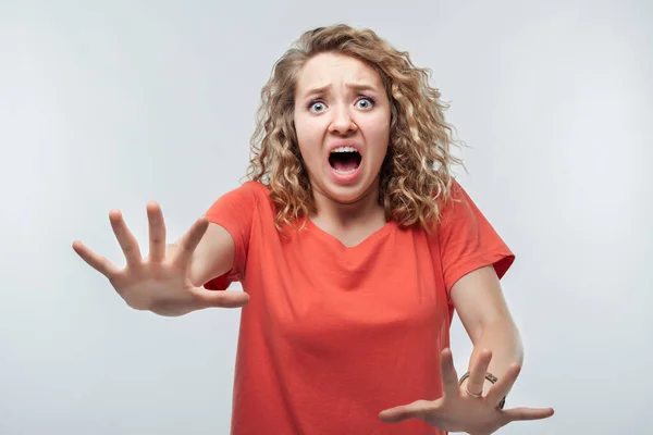 Afraid Image Scared Blonde Girl Curly Hair Casual Shirt Fright — Stock Photo, Image