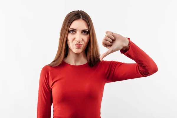 Pretty Young Woman Long Chestnut Hair Casual Red Sweater Showing — Stock Photo, Image