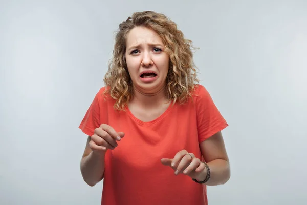 Image Dissatisfied Blonde Girl Curly Hair Casual Shirt Doing Disgust — Stock Photo, Image