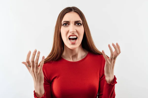 Young Shocked Woman Long Chestnut Hair Wearing Casual Red Sweater — Stock Photo, Image