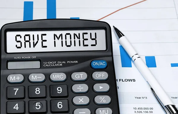 Calculatrice Avec Mot Économisez Argent Sur Écran Monnaie Finance Concept — Photo