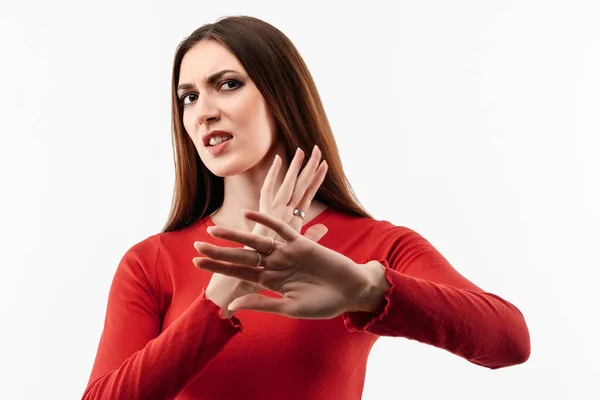 Image Dissatisfied Girl Long Chestnut Hair Casual Red Sweater Doing — Stock Photo, Image