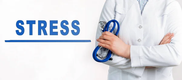 Word Stress White Background Nearby Doctor White Coat Stethoscope Medical — Stock Photo, Image