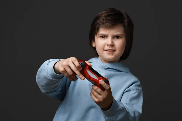 Portrait Cute Boy Years Old Dressed Casual Clothes Standing Joystick — Stock Photo, Image