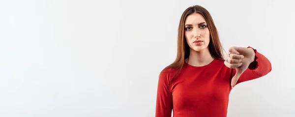 Pretty Young Woman Long Chestnut Hair Casual Red Sweater Showing — Stock Photo, Image