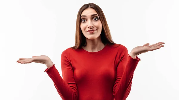 Don Know Young Shocked Woman Long Chestnut Hair Wearing Casual — Stock Photo, Image