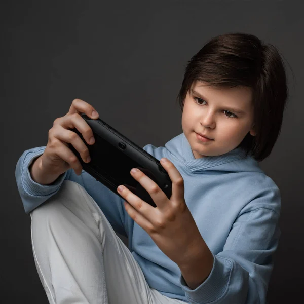 Portrait Cute Boy Years Old Dressed Casual Clothes Standing Gamepad — Stock Photo, Image