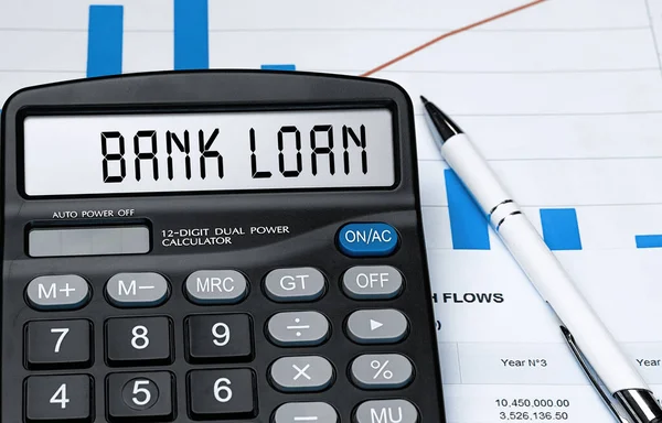Kalkulator Słowem Bank Loan Wyświetlaczu Koncepcja Pieniądza Finansów Biznesu — Zdjęcie stockowe