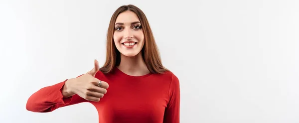 Portrait Cheerful Young Woman Long Chestnut Hair Showing Thumb Wearing — Stock Photo, Image