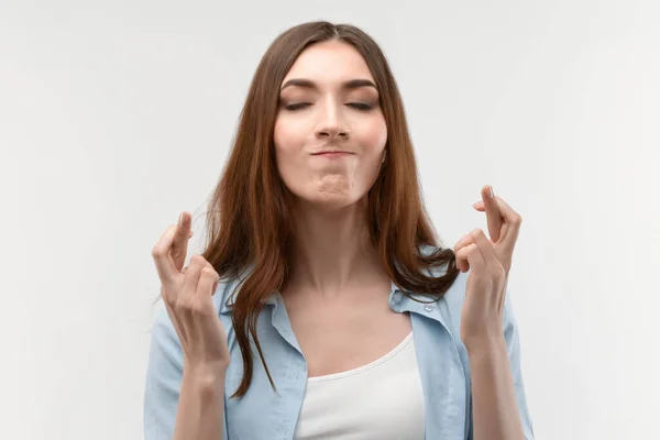 Joyful Young Brunette Female Long Straight Hair Crossed Fingers Makes — Stock Photo, Image