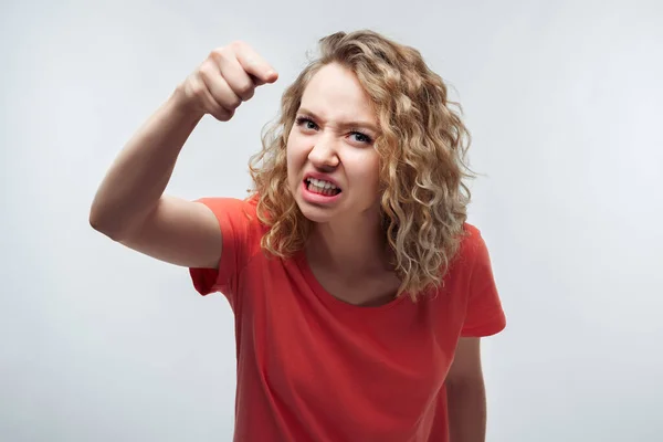 Angry Girl Curly Hair Casual Shirt Looking Camera Pointing Her — Stock Photo, Image