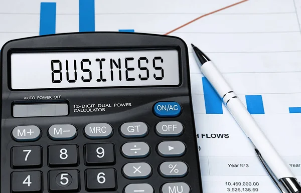 Kalkulačka Slovem Business Displeji Peníze Finance Podnikatelský Koncept — Stock fotografie