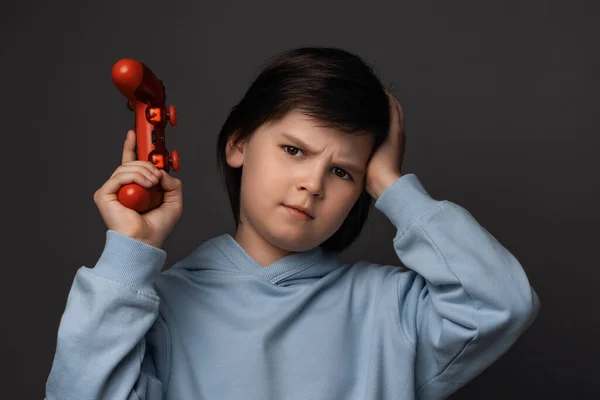 Portrait Cute Boy Years Old Dressed Casual Clothes Standing Joystick — Stock Photo, Image