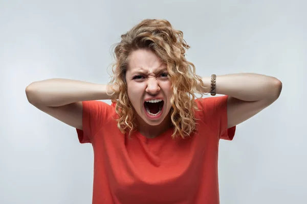 Image Stressed Blonde Girl Curly Hair Casual Shirt Grabbing Her — Stock Photo, Image