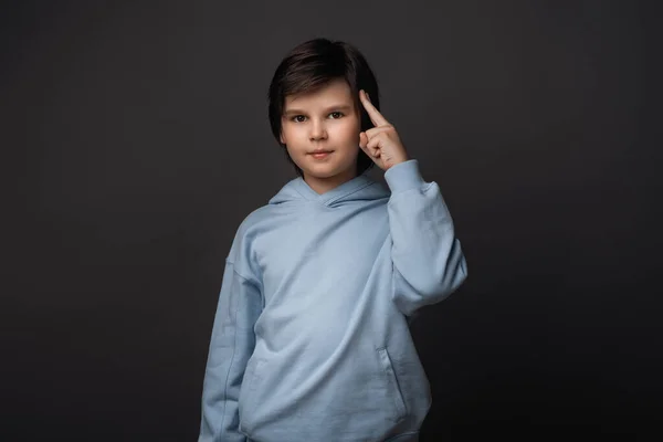 Studio Shot Confident Boy Years Old Dressed Casual Clothes Pointing — Stock Photo, Image