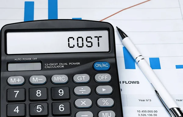 Калькулятор Словом Cost Дисплеї Гроші Фінанси Концепція Бізнесу — стокове фото