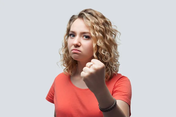 Angry Mad Blonde Girl Curly Hair Casual Shirt Raising Hand — Stock Photo, Image