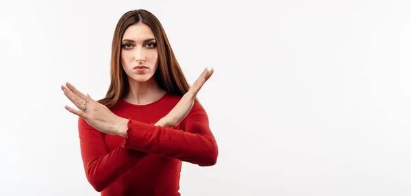 Image Serious Woman 20S Long Chestnut Hair Casual Red Sweater — Stock Photo, Image