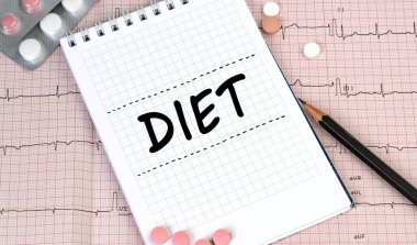 Kelimesi kelimesine defter sayfası - Yanında haplar ve kalemle diyet, tıbbi konsept, üst görünüm