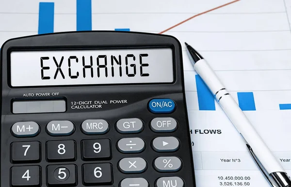 Калькулятор Словом Exchange Дисплее Концепция Денег Финансов Бизнеса — стоковое фото