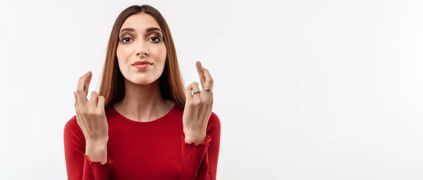 Young Happy Woman Long Chestnut Hair Holds Fingers Crossed Good — Stock Photo, Image