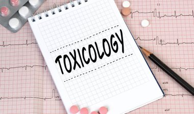 Kelimesi kelimesine not defteri sayfası - Toksikoloji yakınında hap, kalem, tıbbi konsept, üst görünüm