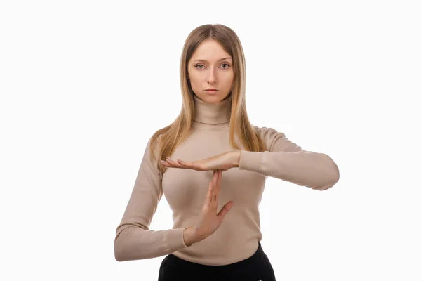 Mulher Loira Jovem Roupas Casuais Mostrando Tempo Fora Gesto Emoções — Fotografia de Stock