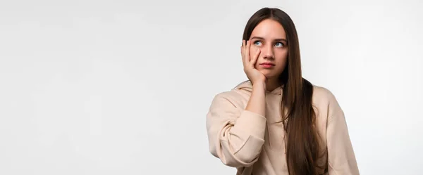 Photo Tired Young Brunette Woman Covers Face Feels Fatigue Needs — Fotografia de Stock