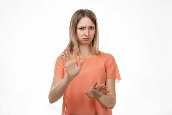 Get Away Displeased Blond Woman Shows Hands Stop Gesture Denies — Stock Photo, Image