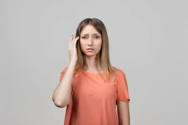 Concerned Frustrated Young Blond Girl Feeling Fatigue Suffer Pain Head — Stock Photo, Image