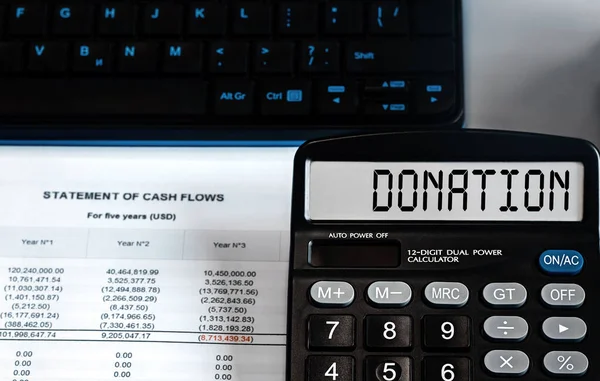 Calculatrice Avec Mot Donation Sur Écran Monnaie Finance Concept Entreprise — Photo