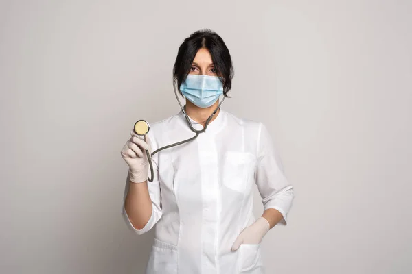 Protect Yourself Female Doctor Wearing Protective Facial Mask Holding Stethoscope — Stock Photo, Image