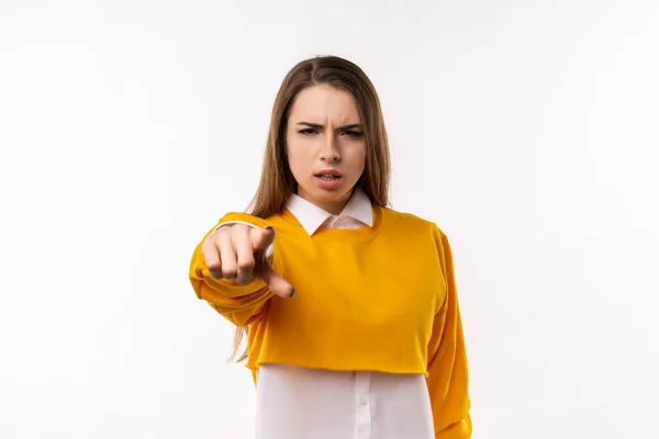 Your Fault Displeased Young Brunette Woman Casual Clothes Pointing Finger — Stock Photo, Image