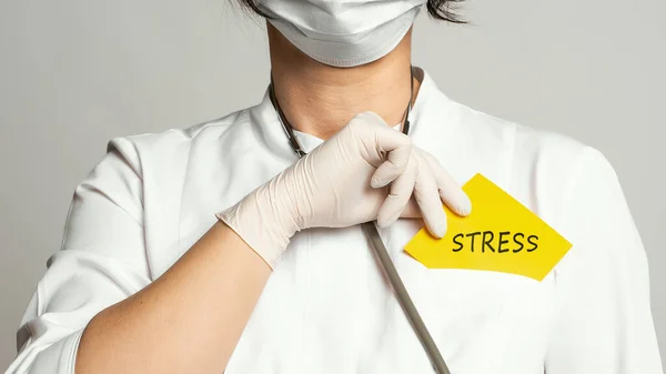 Cropped View Doctor White Coat Sterile Gloves Holding Note Word — Stock Photo, Image