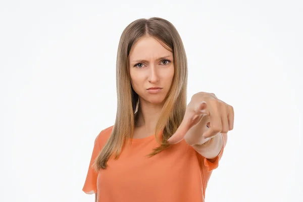 Your Fault Displeased Young Blond Woman Casual Clothes Pointing Finger — Stock Photo, Image