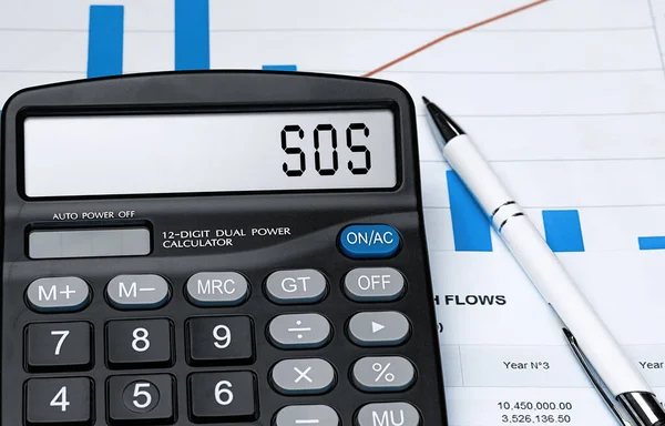 Calcolatrice Con Parola Sos Sul Display Denaro Finanza Business Concept — Foto Stock