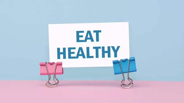 Eat Healthy Concept Text Business Card Pink Blue Background Closeup — Stock Photo, Image
