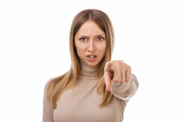 Your Fault Displeased Young Blond Woman Casual Clothes Pointing Finger — Stock Photo, Image