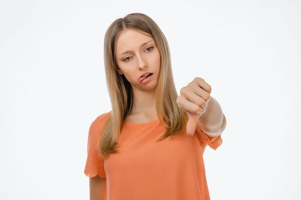 Portrait Attractive Blond Girl Casual Clothes Showing Thumb Human Emotions — Stock Photo, Image