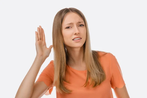 Hard Hearing Young Beautiful Woman Blonde Straight Hair Putting Her — Stock Photo, Image