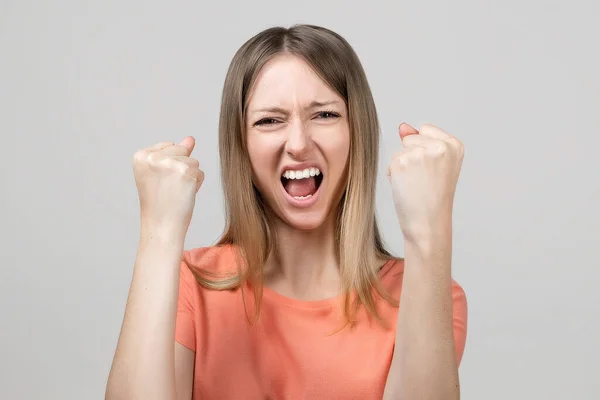 Happy Blond Girl Clench Fists Shouting Yes Celebrating Victory Achieve — Stock Photo, Image