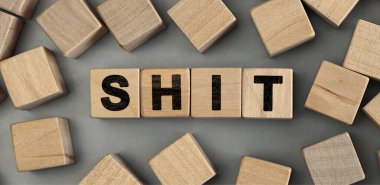SHIT - word concept from wooden blocks. Wooden cubes with letters