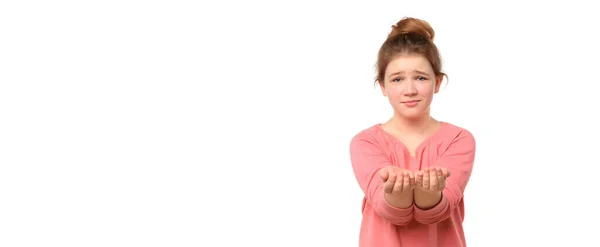 Compassion Adolescent Fille Isolé Sur Fond Blanc Demande Aide Gestes — Photo