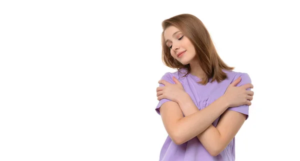 Happy Cute Girl Embraces Own Body Expresses Self Love Care — Stock Photo, Image