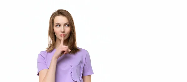 Dont Tell Anyone Beautiful Serious Young Woman Holding Finger Her — Stock Photo, Image